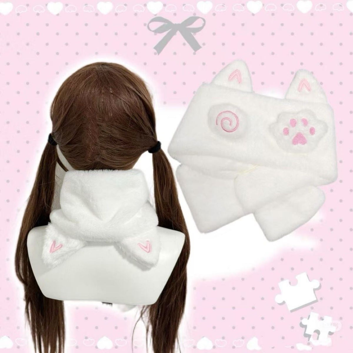Sweet Dessert Cat Ear Scarf with Paw Print, Japanese Style Plush Warm Winter Neck Warmer