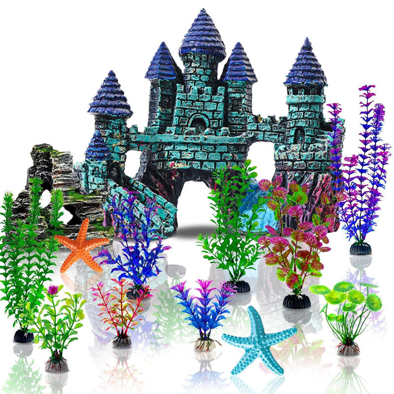 13-Piece Aquarium Decoration Set with Artificial Plants, Castle, and Coral Hiding Spots