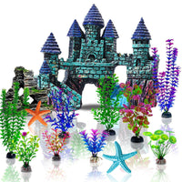 13-Piece Aquarium Decoration Set with Artificial Plants, Castle, and Coral Hiding Spots