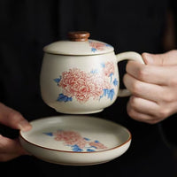 High-Grade Ru Kiln Hibiscus Ceramic Tea Mug with Lid and Infuser for Office