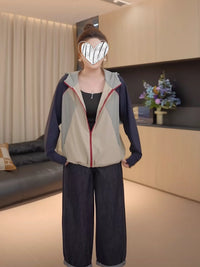 Plus Size Women's Vintage Color Block Hooded Sun Protection Jacket Loose Fit