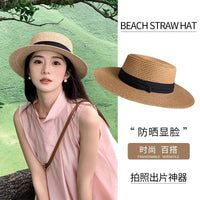 French Flat Top Straw Hat for Women - Summer Sun Protection Beach Vacation Fedora