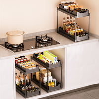 Multi-layer Pull-out Under Sink Organizer for Kitchen Cabinets, Deep Cabinet Storage Rack with Wheels and Hooks