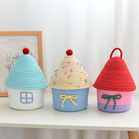 Hand-Woven Cotton Rope House-Shaped Storage Basket with Lid for Home Decor