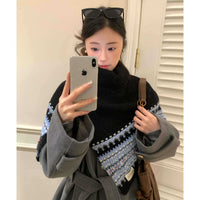 Vintage Fair Isle Jacquard Knitted Poncho Scarf for Women, Winter Warm High-Neck Shawl Wrap