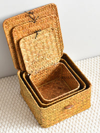 Seagrass Woven Storage Basket with Lid for Snacks, Sundries, and Home Organization