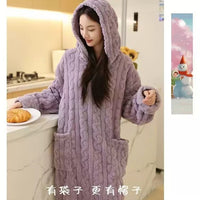 Women's Hooded Coral Fleece Robe Set Warm Jacquard Loungewear for Autumn/Winter