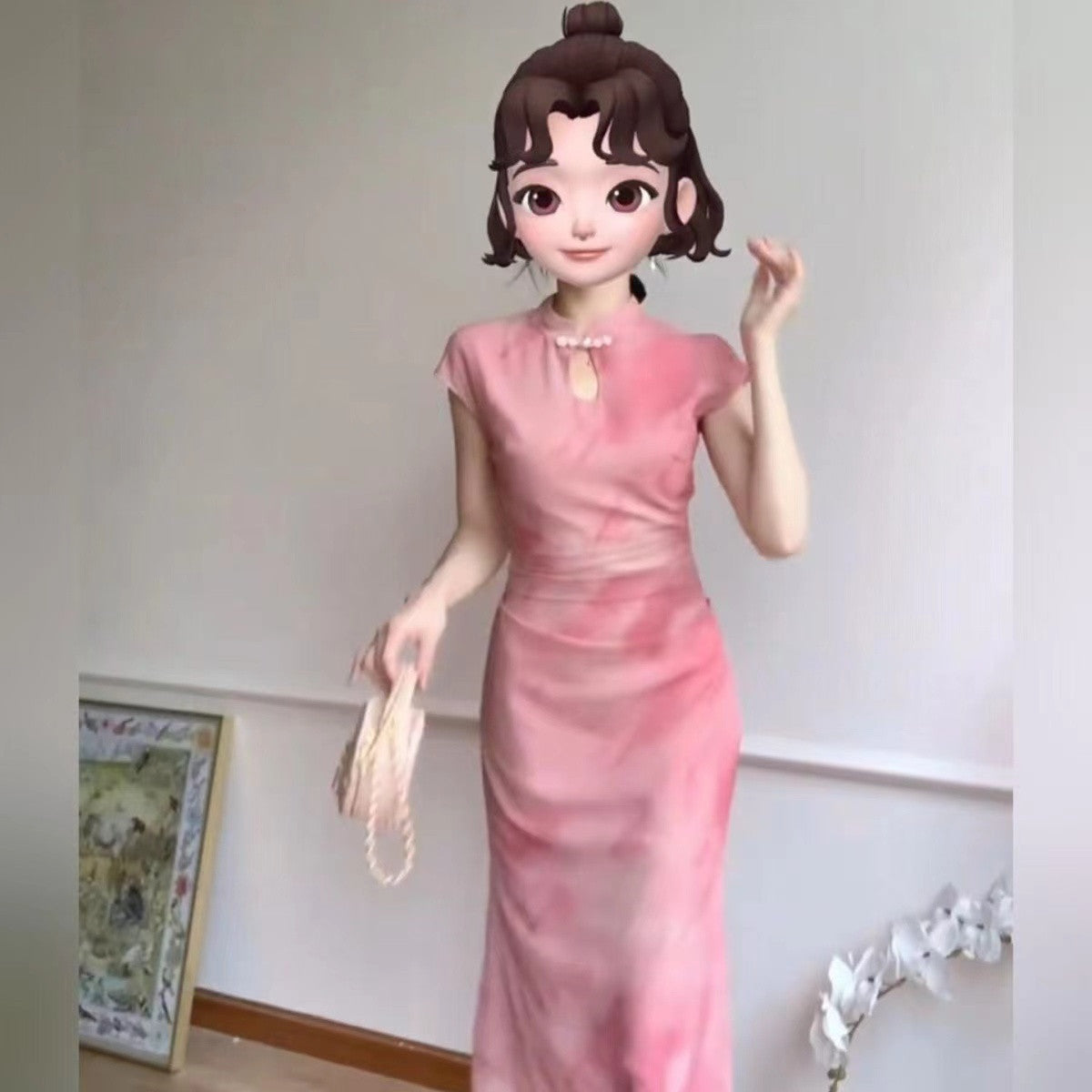 New Chinese Style Pink Cheongsam Dress for Women, Summer Slim Fit Qipao with Disc Buckle