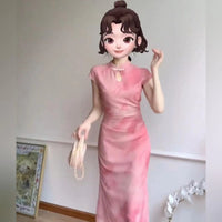 New Chinese Style Pink Cheongsam Dress for Women, Summer Slim Fit Qipao with Disc Buckle
