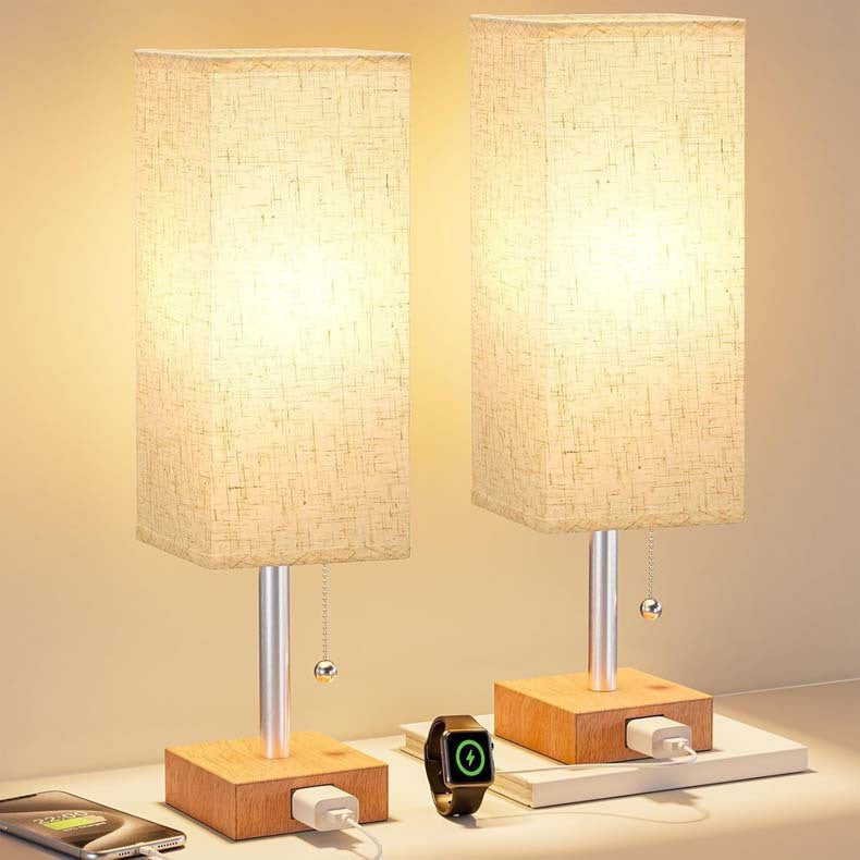Modern Minimalist Bedside Lamp with 2-Port Outlet, 3-Color Dimmable, and Zipper Switch