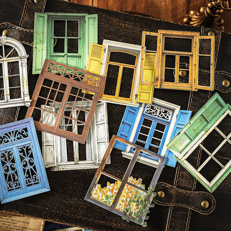Hollowed-Out Window Frame Decorative Paper Cards for Scrapbooking and Journaling, Town Window Scene Background Cards