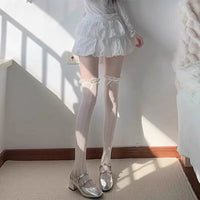 Lace Bow Over-the-Knee Stockings for Women, Breathable Mesh Thigh-High Socks