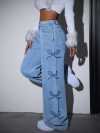 Y2K High-Waisted Washed Denim Jeans with Bow Detail