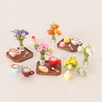 Dollhouse Miniature Cake Tray Set with Coffee Cups and Spoons, DIY Food Play Scene Decor