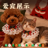 Christmas Lace Pet Collar with Bell for Cats and Small Dogs, Floral Ribbon Bowtie Scarf