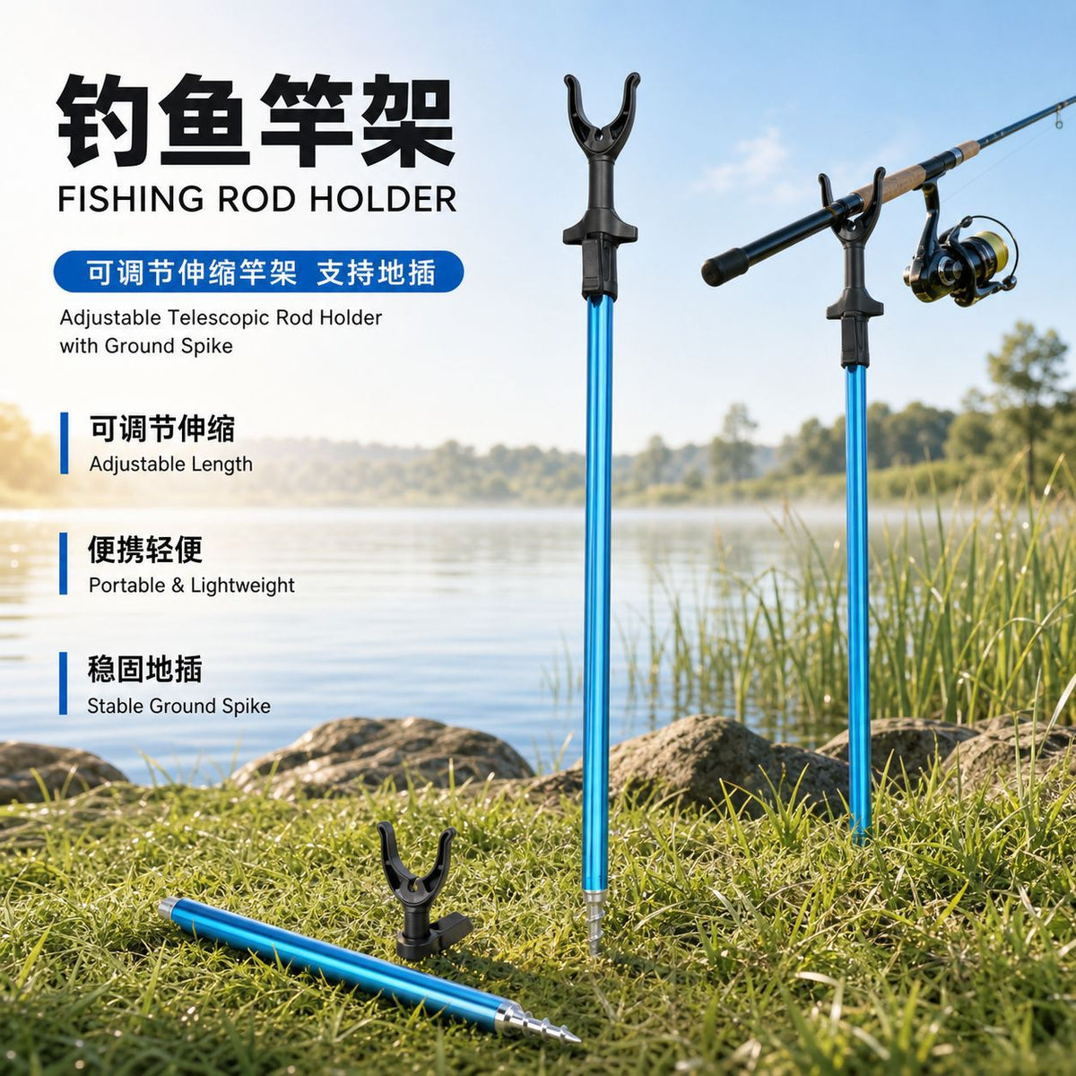 Portable Aluminum Alloy Fishing Rod Holder with Ground Insert, Adjustable Telescopic Stand for Saltwater Fishing