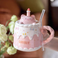 Cute Ceramic Mug with Lid, Spoon, and Straw - 400ml Cake Cup Design, Ideal Birthday Gift for Couples