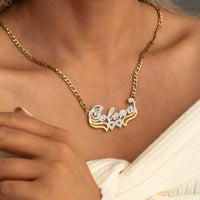 18K Gold Plated Personalized Double Layer Two-Tone Name Necklace with Heart Letter Figaro Chain