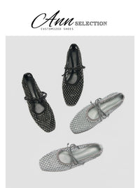 ANN French Rhinestone Mesh Ballet Flats with Bowknot Soft Sole Square Toe Mary Jane Shoes