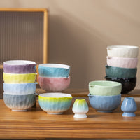Ceramic Matcha Bowl Set with Bamboo Whisk and Stand, Diamond Pattern, Gradient Colors