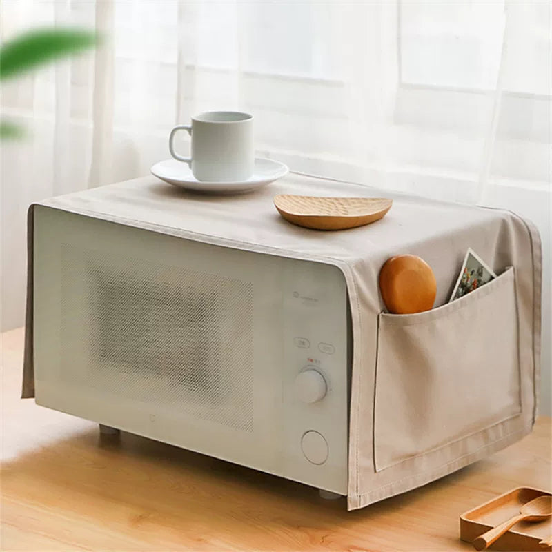 Japanese Style Microwave Oven Dust Cover with Side Pockets, Full Coverage Oil-proof Refrigerator Top Cover