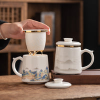 Mutton Fat Jade White Porcelain Tea Mug with Infuser and Lid, Tea-Water Separation Office Cup