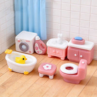 Pink Dollhouse Miniature Bathroom Furniture Set - Sink, Bathtub, Toilet, Washing Machine Decor