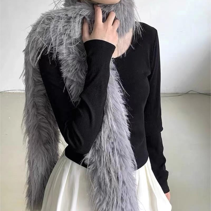 Women's Winter Tassel Plush Scarf Warm Soft Thickened Double-Layer Shawl