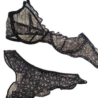 French Lace Floral Bralette and Panty Set for Women, Thin Push-Up Bra for Large Busts
