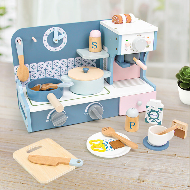 Kids Wooden Play Kitchen Stove Set with Simulation Cookware and Food