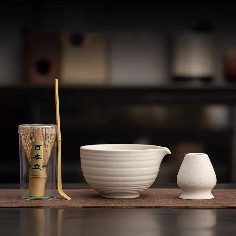 Japanese Ceramic Matcha Bowl Set with Whisk and Spout for Beginners