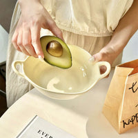 Irregular Ceramic Bowl with Double Handles for Salad, Dessert, Yogurt, and Noodles
