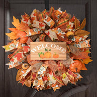 Autumn Thanksgiving Pumpkin Wreath with Welcome Sign for Front Door Decor