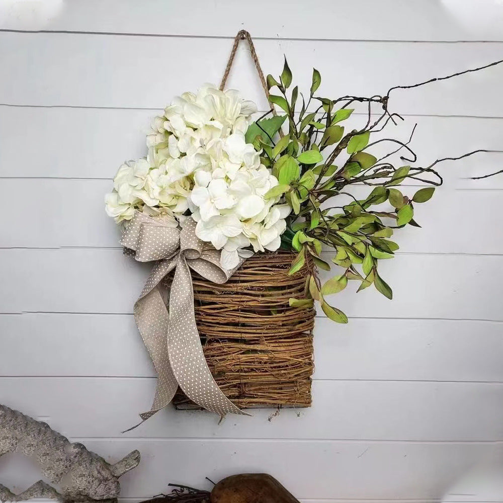 Artificial Hydrangea Wreath Basket for Front Door Decor, Spring Floral Hanging Basket