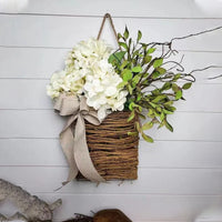 Artificial Hydrangea Wreath Basket for Front Door Decor, Spring Floral Hanging Basket