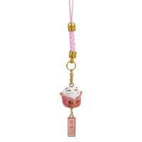 Japanese Ceramic Lucky Cat Bag Charm with Alloy Blessing Tag