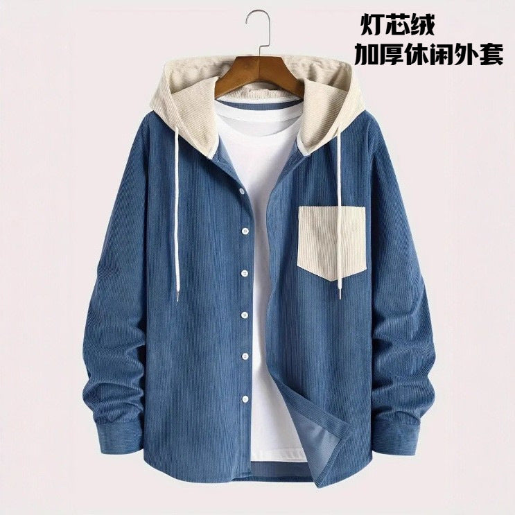 Men's Color Block Corduroy Hooded Shirt Jacket