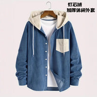 Men's Color Block Corduroy Hooded Shirt Jacket