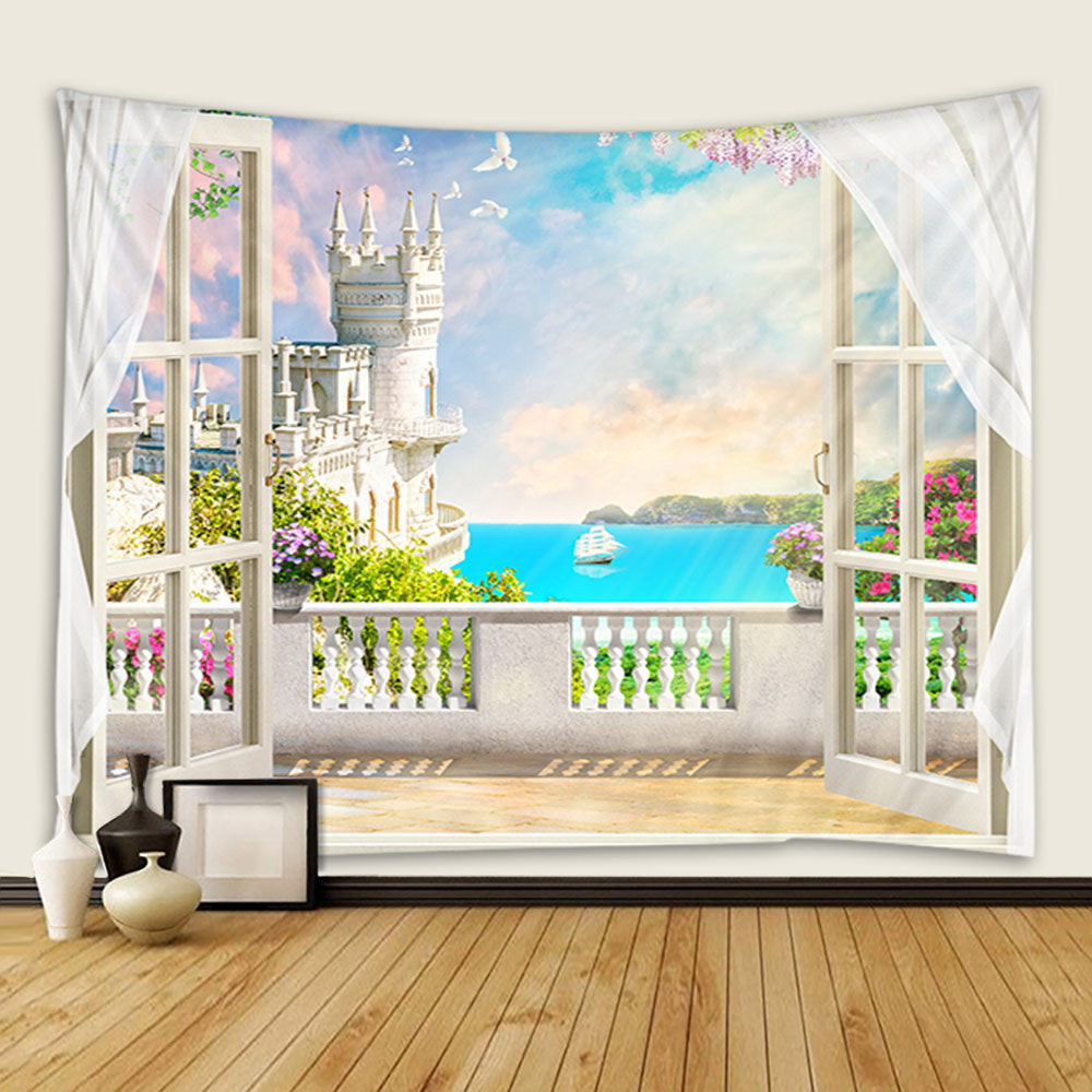 3D Ocean View Window Tapestry Wall Hanging for Bedroom Dorm Decor