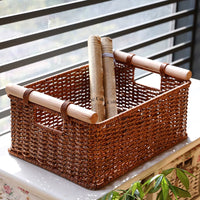 Kens Vintage Woven Rattan Storage Basket with Handles for Snacks, Sundries, and Cabinet Organization