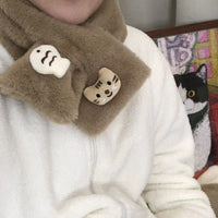 Cute Cat and Fish Plush Scarf for Winter, Thickened Japanese Style Warm Cross Scarf for Students