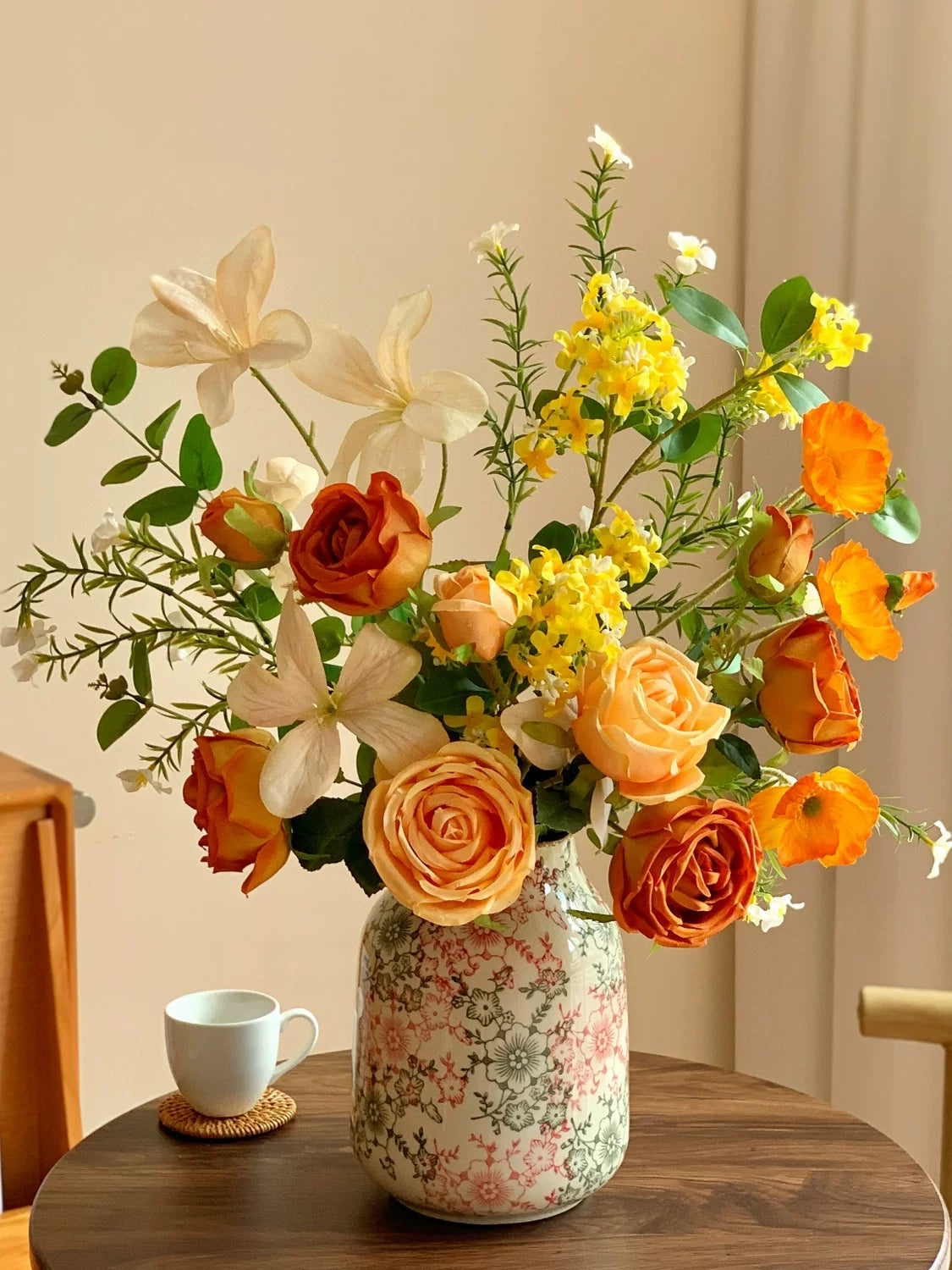 Artificial Orange Rose Bouquet with Ceramic Vase for Home and Hotel Decor