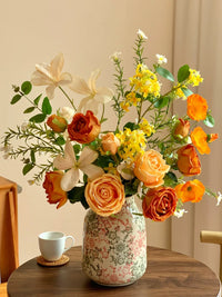 Artificial Orange Rose Bouquet with Ceramic Vase for Home and Hotel Decor