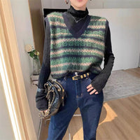Vintage Striped V-Neck Knitted Vest for Women, Sleeveless Sweater Tank Top