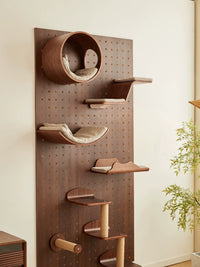 CURRY Walnut Wood Wall-Mounted Cat Climbing Frame with Integrated Cat Bed for Small Spaces