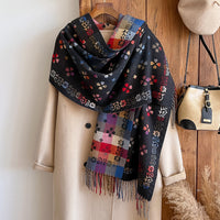Women's Winter Tassel Scarf Shawl, Ethnic Geometric Cashmere Feel, Thick Warm Neck Wrap