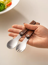 Onlycook Foldable 304 Stainless Steel Spoon and Fork Set with Walnut Handle for Outdoor Camping