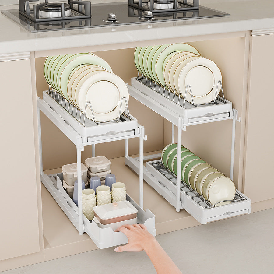 Pull-Out Under-Cabinet Dish Drying Rack with Storage Shelf for Kitchen Sink Organization