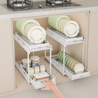 Pull-Out Under-Cabinet Dish Drying Rack with Storage Shelf for Kitchen Sink Organization