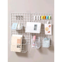 Wall Grid Panel Storage Basket & Hooks for Photo Display & Dorm Decor, No-Drill Iron Wire Mesh Organizer